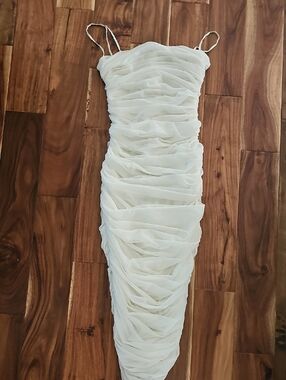 House of CB Cream Ruched Midi Dress with Spaghetti Straps